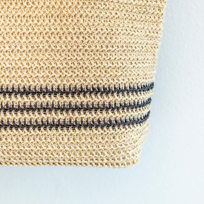 Large Straw Tote with Triple Dark Stripe Band