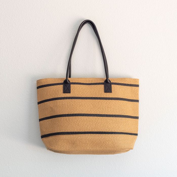 Striped Straw Tote with Black Shoulder Handles