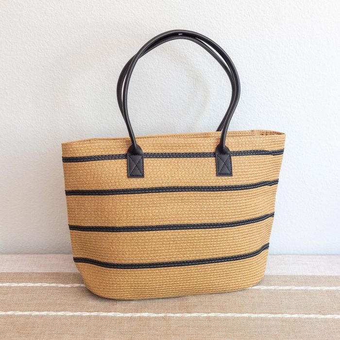 Striped Straw Tote with Black Shoulder Handles