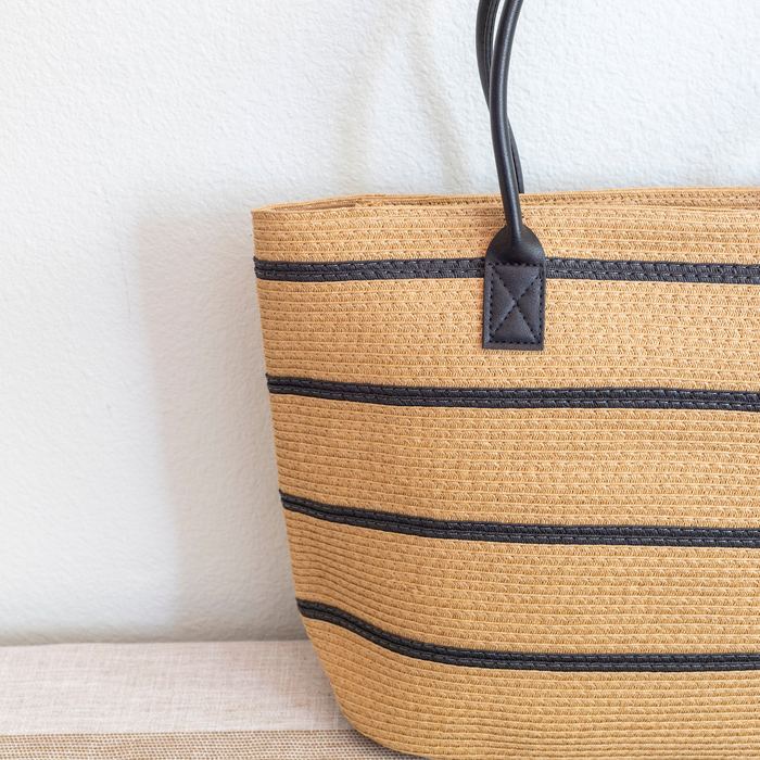 Striped Straw Tote with Black Shoulder Handles