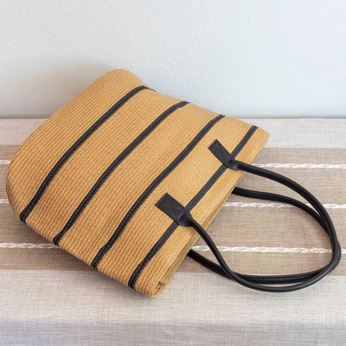 Striped Straw Tote with Black Shoulder Handles