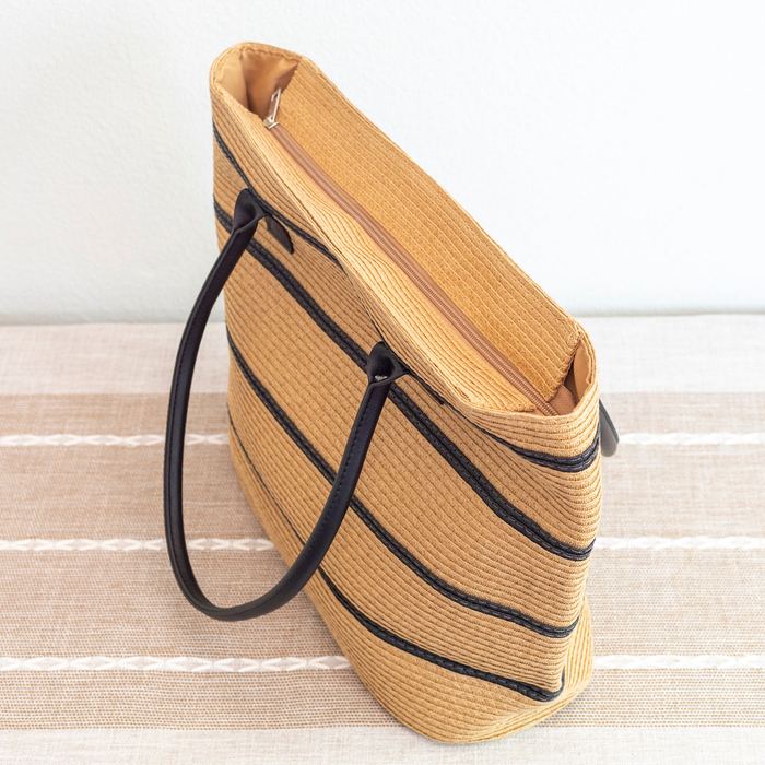 Striped Straw Tote with Black Shoulder Handles