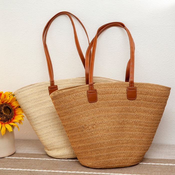 Tapered Straw Basket Tote with Slim Brown Handles