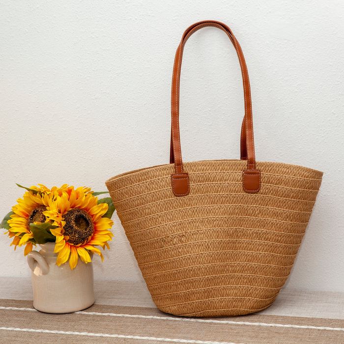 Tapered Straw Basket Tote with Slim Brown Handles