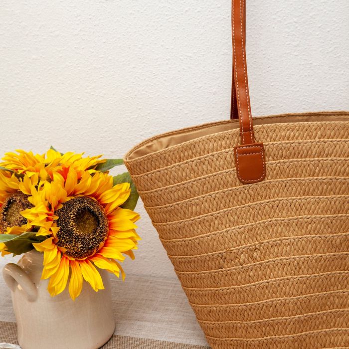 Tapered Straw Basket Tote with Slim Brown Handles