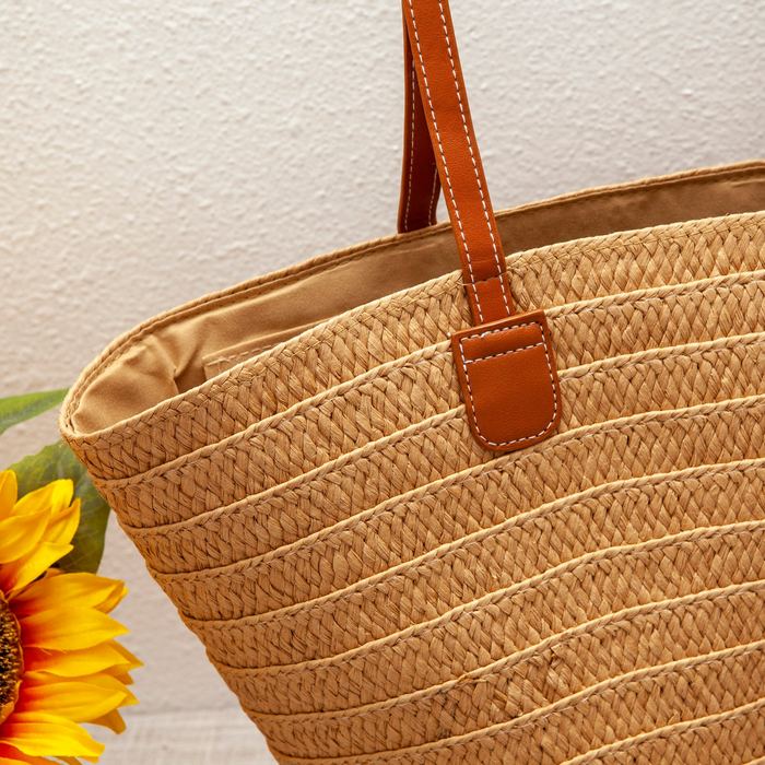 Tapered Straw Basket Tote with Slim Brown Handles