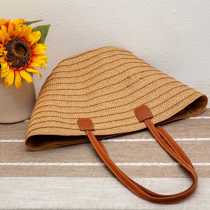 Tapered Straw Basket Tote with Slim Brown Handles