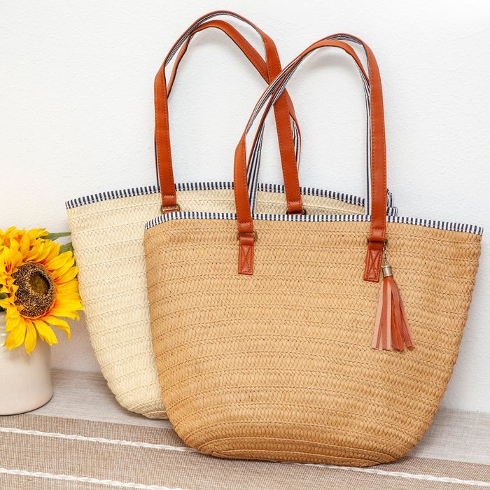 Straw Basket Tote with Contrast Rim and Brown Tassel