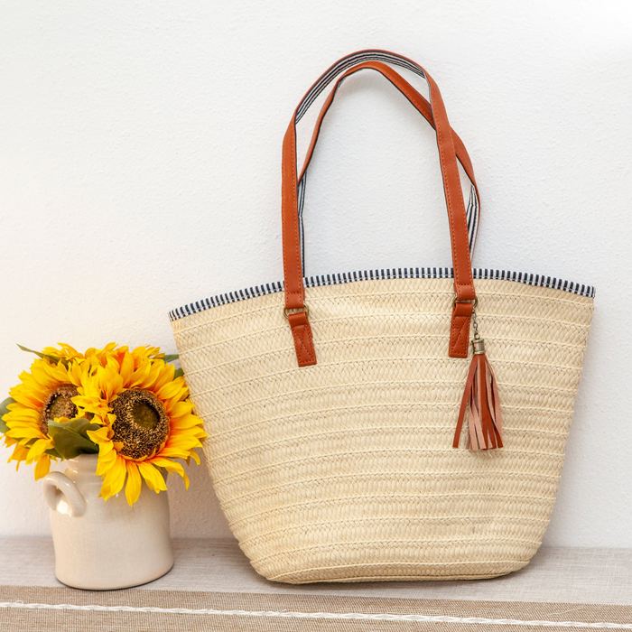 Straw Basket Tote with Contrast Rim and Brown Tassel