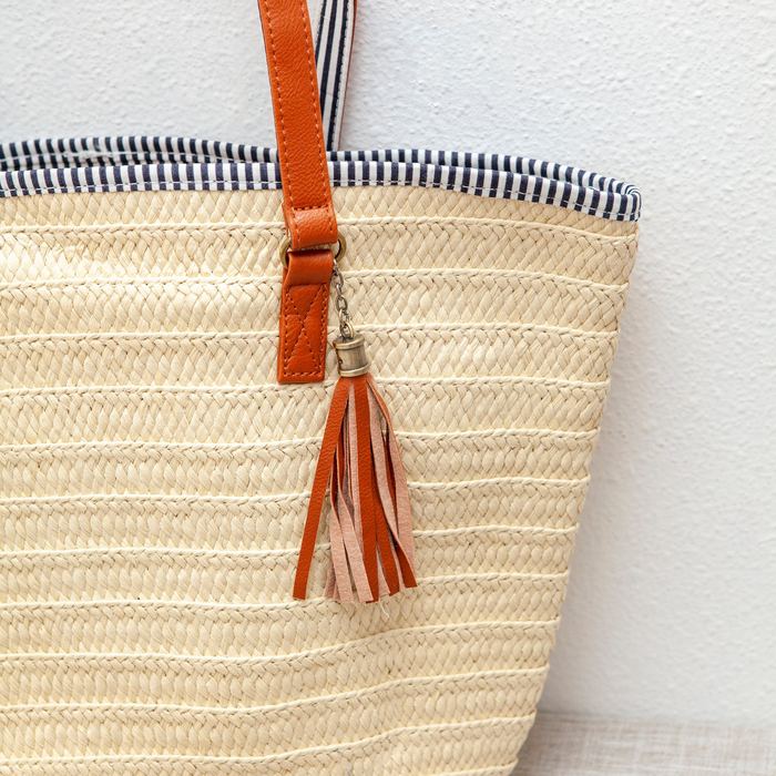 Straw Basket Tote with Contrast Rim and Brown Tassel