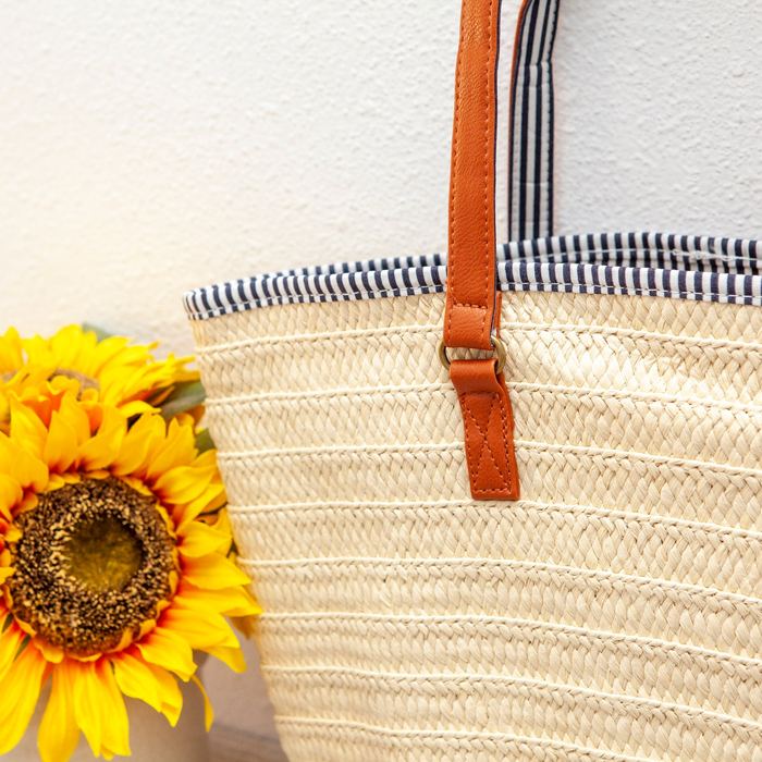 Straw Basket Tote with Contrast Rim and Brown Tassel