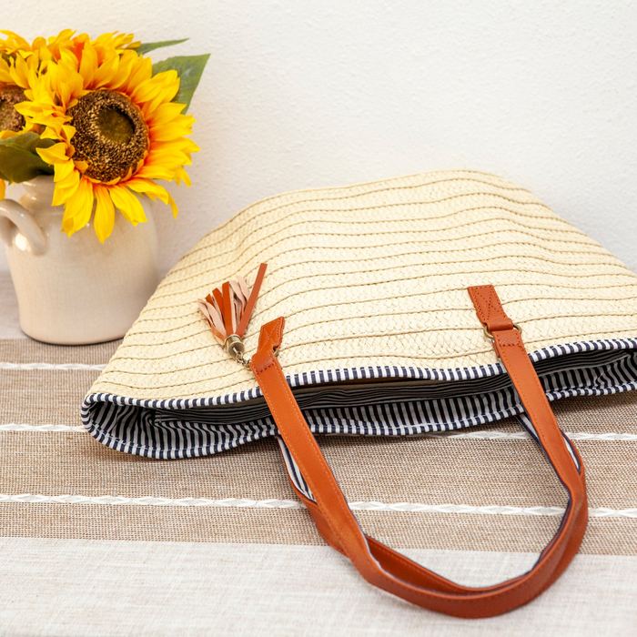Straw Basket Tote with Contrast Rim and Brown Tassel