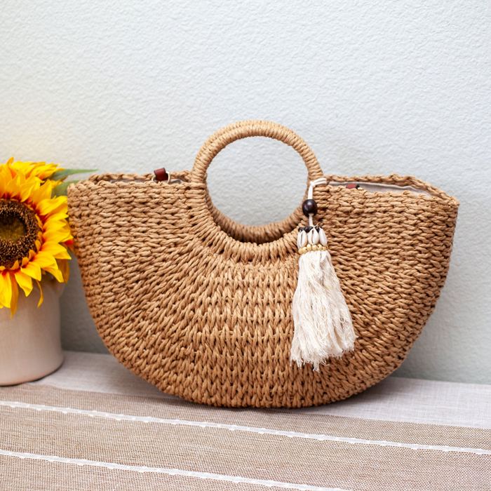 Straw Basket Bag with Ring Handles and Pale Tassel