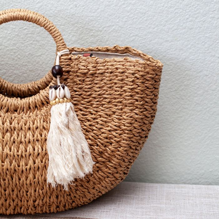 Straw Basket Bag with Ring Handles and Pale Tassel