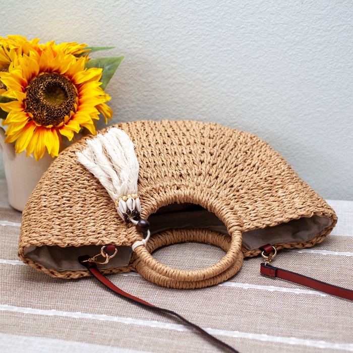 Straw Basket Bag with Ring Handles and Pale Tassel