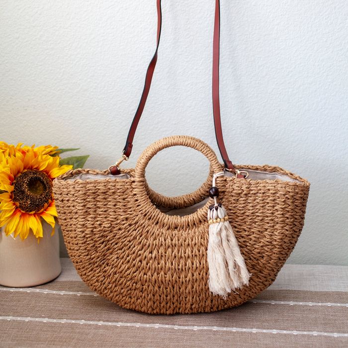 Straw Basket Bag with Ring Handles and Pale Tassel