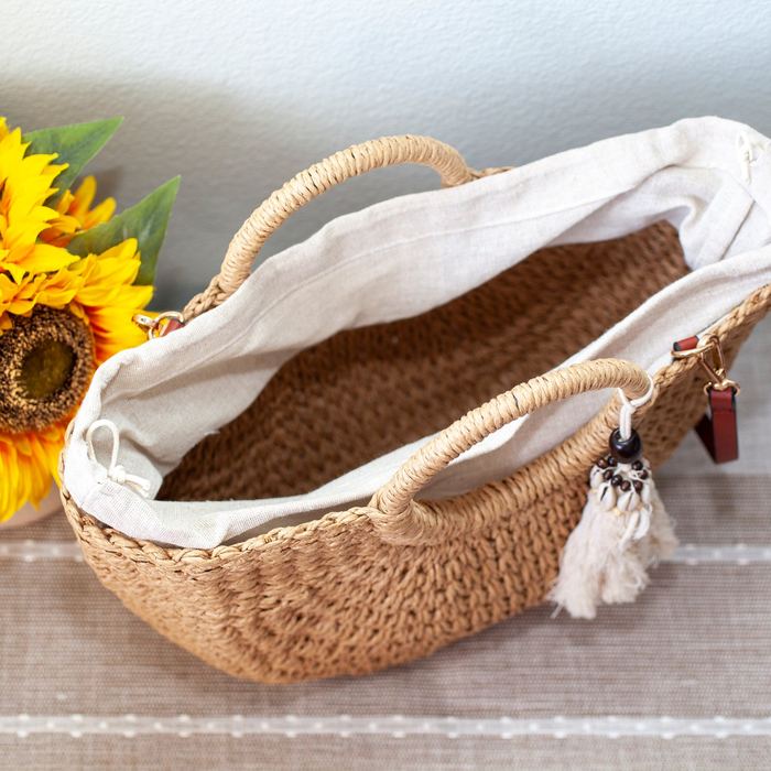 Straw Basket Bag with Ring Handles and Pale Tassel