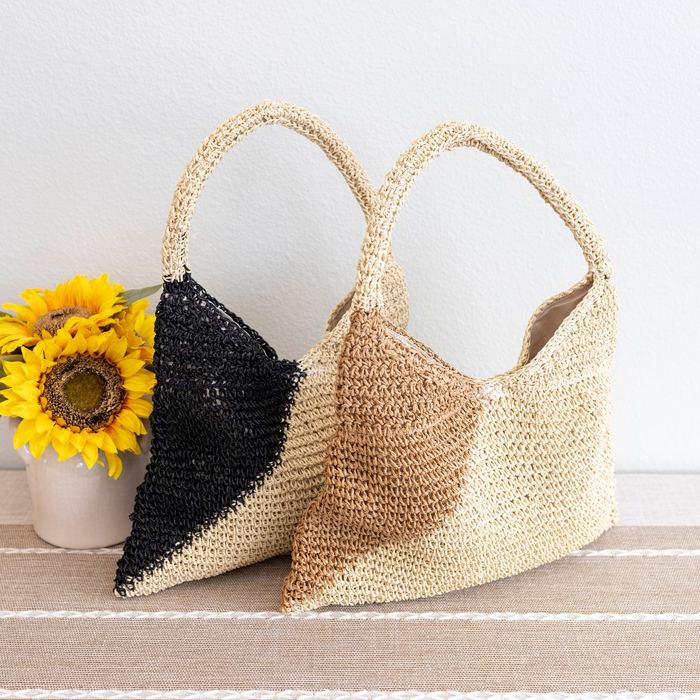 Diagonal Two-Tone Woven Straw Shoulder Bag