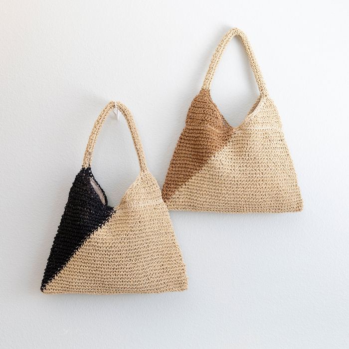 Diagonal Two-Tone Woven Straw Shoulder Bag