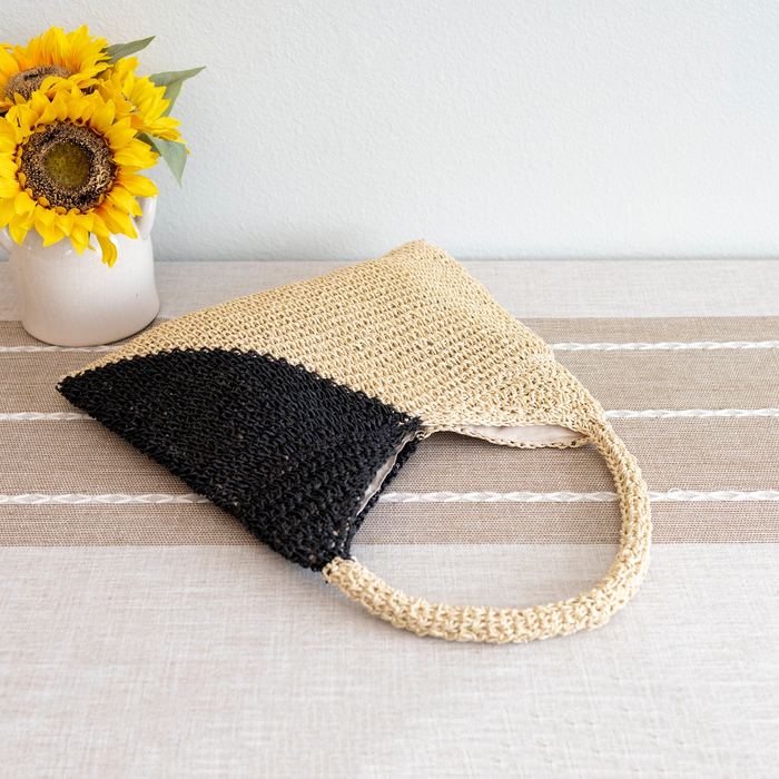 Diagonal Two-Tone Woven Straw Shoulder Bag