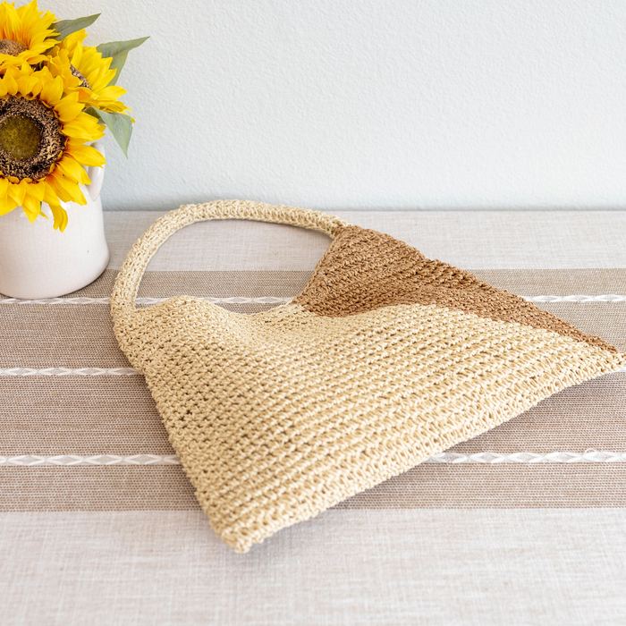 Diagonal Two-Tone Woven Straw Shoulder Bag