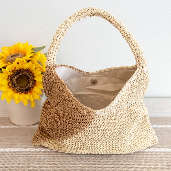 Diagonal Two-Tone Woven Straw Shoulder Bag