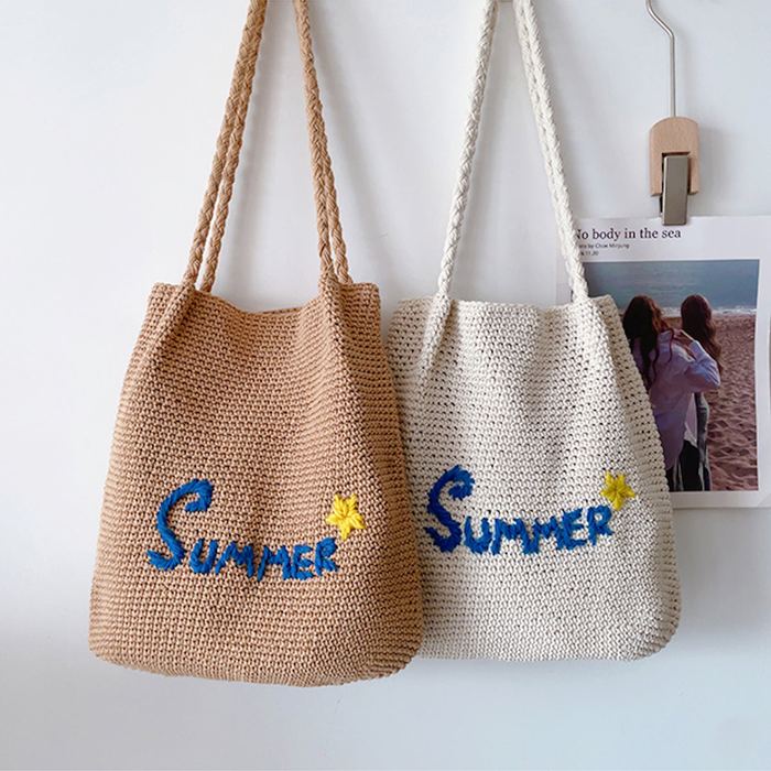 Summer Lettering Cotton Knit Shoulder Tote