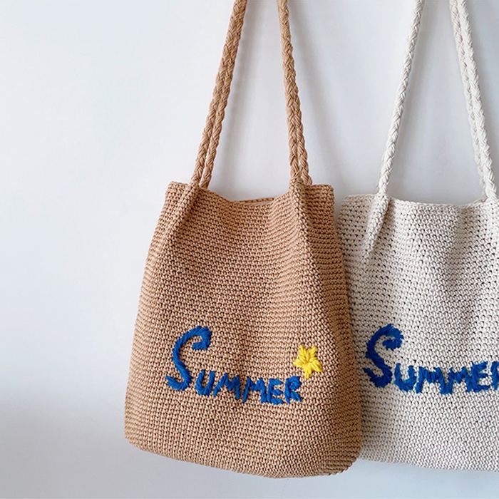 Summer Lettering Cotton Knit Shoulder Tote