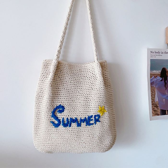 Summer Lettering Cotton Knit Shoulder Tote