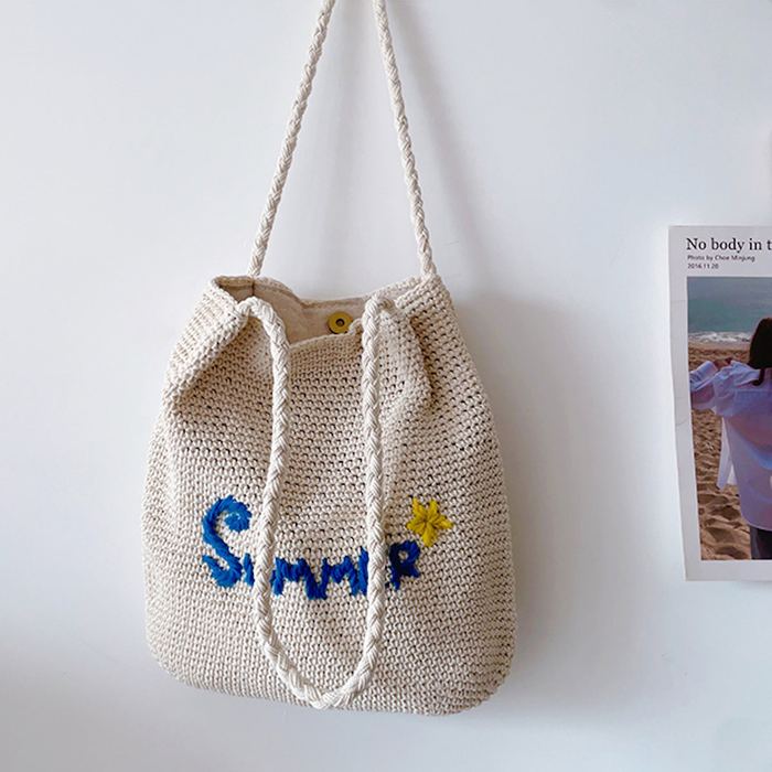 Summer Lettering Cotton Knit Shoulder Tote