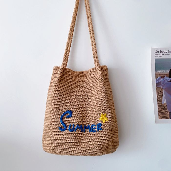Summer Lettering Cotton Knit Shoulder Tote
