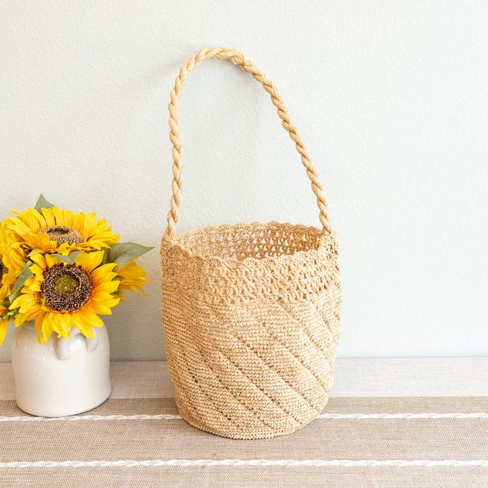 Cylindrical Raffia Basket Bag with Braided Handle