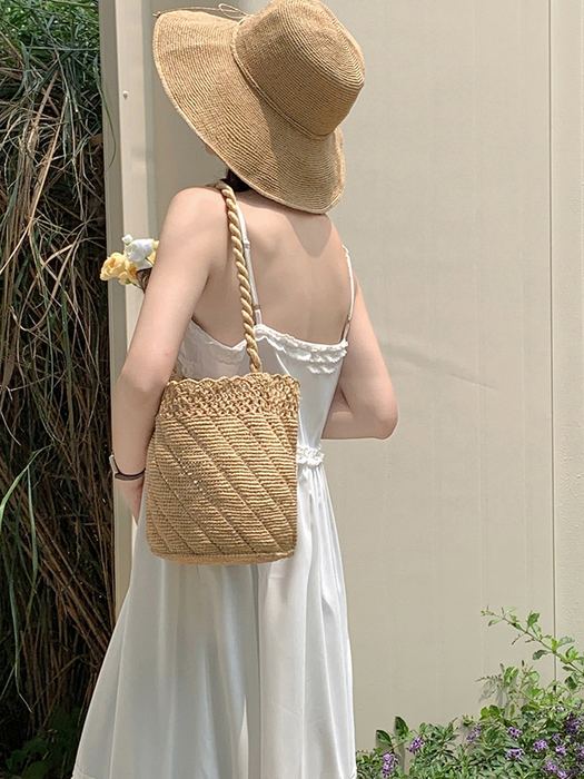 Cylindrical Raffia Basket Bag with Braided Handle