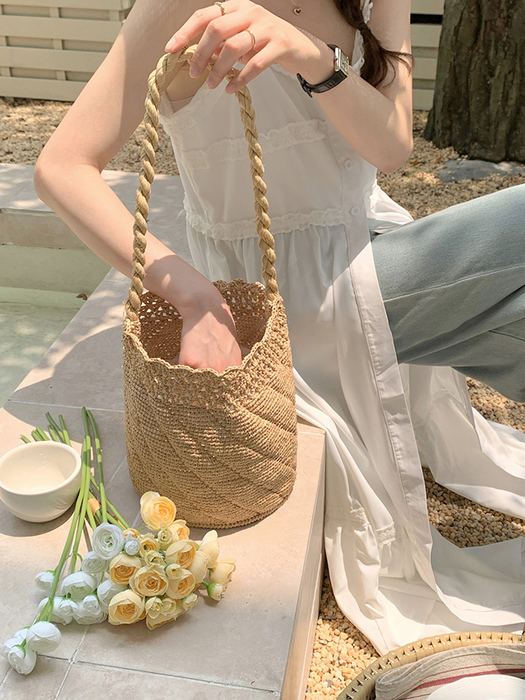 Cylindrical Raffia Basket Bag with Braided Handle