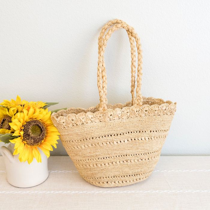 Natural Raffia Basket Tote with Braided Handles