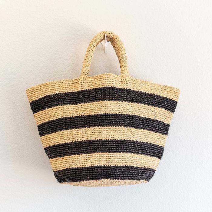 Wide-Stripe Raffia Basket Bag with Rounded Handles