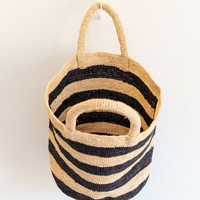 Wide-Stripe Raffia Basket Bag with Rounded Handles