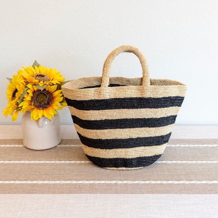 Wide-Stripe Raffia Basket Bag with Rounded Handles