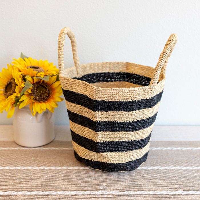 Wide-Stripe Raffia Basket Bag with Rounded Handles