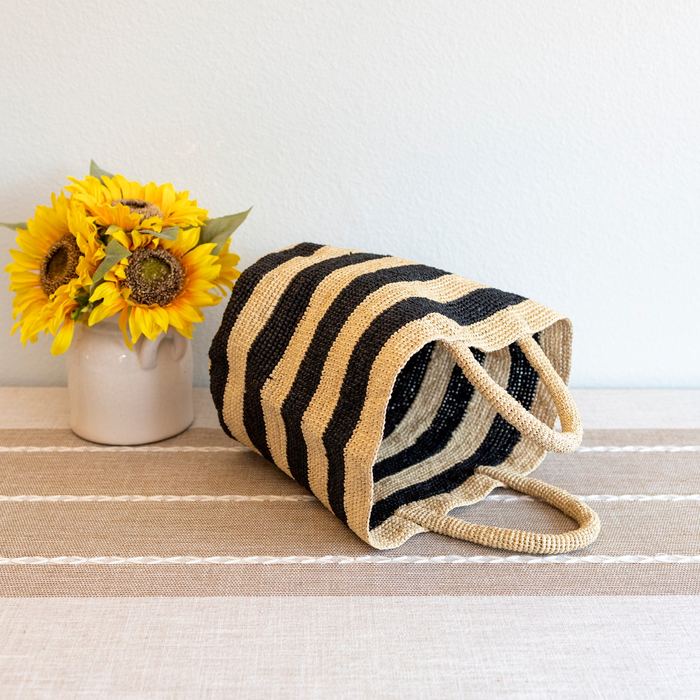 Wide-Stripe Raffia Basket Bag with Rounded Handles