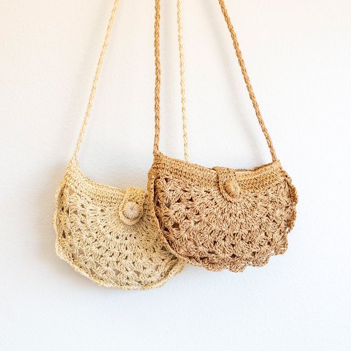 Floral Openwork Straw Crescent Crossbody Bag