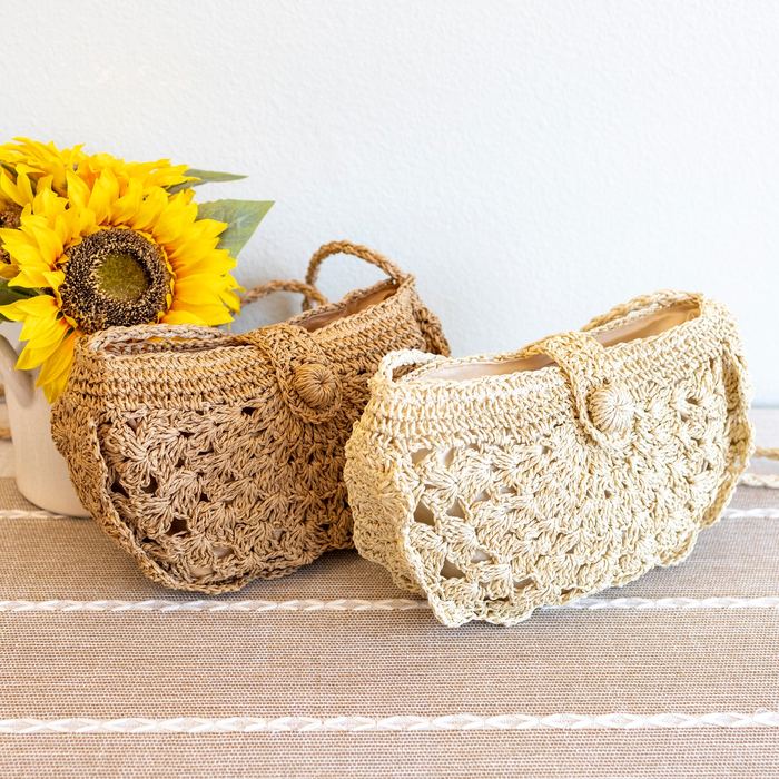 Floral Openwork Straw Crescent Crossbody Bag