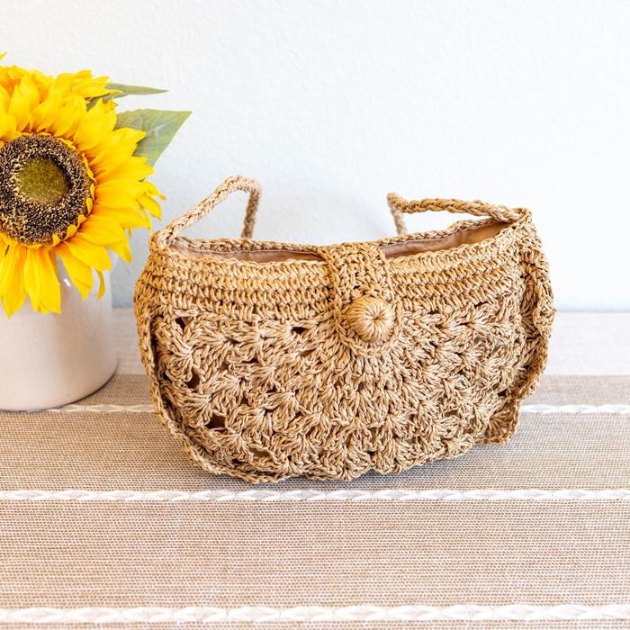 Floral Openwork Straw Crescent Crossbody Bag