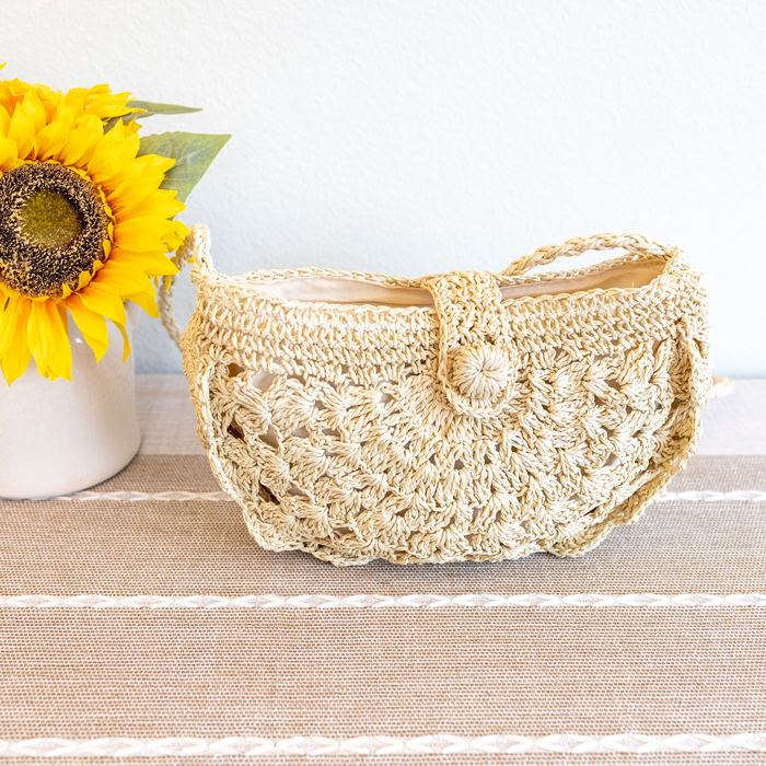 Floral Openwork Straw Crescent Crossbody Bag