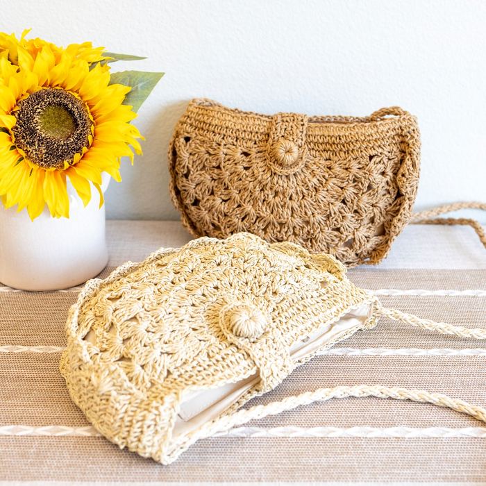 Floral Openwork Straw Crescent Crossbody Bag