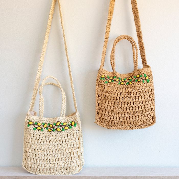 Floral-Trim Woven Straw Tote with Long Strap