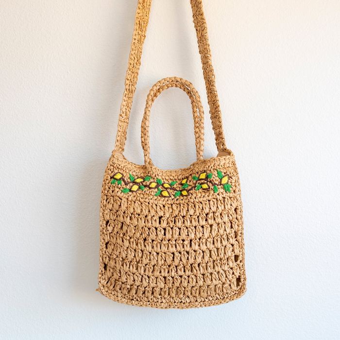 Floral-Trim Woven Straw Tote with Long Strap