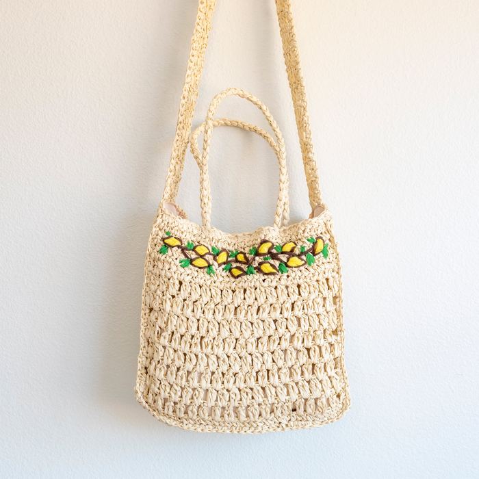 Floral-Trim Woven Straw Tote with Long Strap