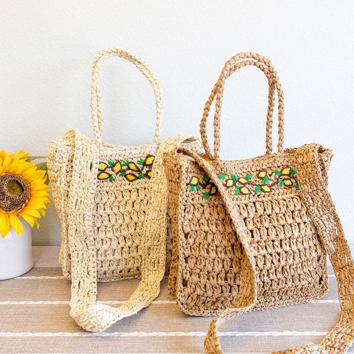 Floral-Trim Woven Straw Tote with Long Strap