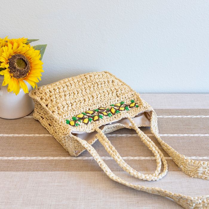Floral-Trim Woven Straw Tote with Long Strap